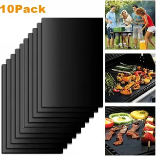 10er Set BBQ Grillmatte aus Teflon Antihaft Grillmatten zum Grillen Backen BBQ bis 500°F - Schwarz