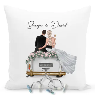 DEL MÀ Unique & Personal Hochzeitsgeschenk für Brautpaar Kissen personalisiert kreatives Hochzeit Geldgeschenk Verpackung mit Auto Dekokissen für Geld 40x40 cm inkl. Füllung und Bezug