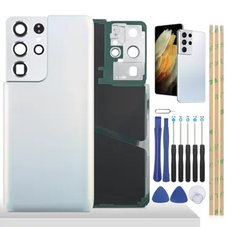 YHX-OU Silber Akkudeckel für Samsung Galaxy S21 Ultra 5G SM-G998B SM-G998U Rückseite Backcover Akkufachdeckel Ersatz Reparatur Set mit Kamera Linse Glas + Werkzeug