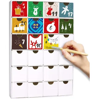BRUBAKER DIY Adventskalender zum Bemalen, Basteln und Selbstgestalten - Wiederverwendbarer Weihnachtskalender zum Befüllen mit 24 Schubladen aus Pappe - Weiß - 32,5 cm Höhe - Weiß