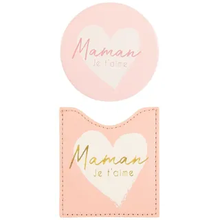 Draeger – Spiegel „Maman je T'Aime“ – Runder Taschenspiegel zum Mitnehmen Geburtstag, für alle Anlässe – Maße 8,5 cm x 8 cm