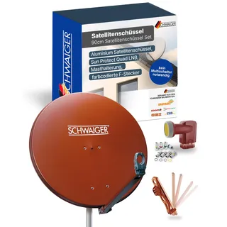 SCHWAIGER Satellitenschüssel Komplettset - Ø 88 cm Aluminium Offset Antenne in Rot - Inkl. Quad LNB 4-Fach - Digital HD & 4K Empfang - Integrierte Kabelführung & wetterfest
