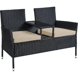 Terrasset mit Liegebank - Stahlrahmen - Rattan - weichem Schäumkissen - Glasplatte - schwarz-taupe - 65 x 131 x 84 cm - Schwarz