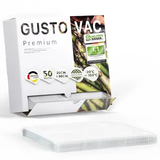 GustoVac Premium Vakuumbeutel, 50 Stk. 20x30cm Profi- Folienbeutel, Vakuumierbeutel für Vakuumierer, Kochfest & Sous Vide Gefrierbeutel, Lebensmittel Vakuumiergerät, Made in Netherlands, BPA-frei