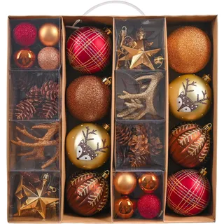 Valery Madelyn Weihnachtskugeln 60 Stücke Christbaumkugeln Geschenkpaket Weihnachtsbaumschmuck Kunststoff Kupfergold Weihnachtsdeko mit Aufhänger Waldland Thema(L)