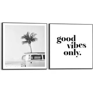 Bild mit Rahmen REINDERS "Das gute Leben Vintage VW Bully - Strand - Surfen", schwarz (farbe rahmen: schwarz, farbe bild(er): schwarz, weiß), B:50cm H:50cm, MDF, Bilder, Bild mit Rahmen