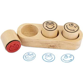 Trendhaus 952509 - Lehrerstempel Set Smiley, 3 Stempel aus Holz, ca. 4 x 10 x 4 cm, Motivationsstempel für Kinder, Lehrer und Erzieher, inkl. Holzblock zur Aufbewahrung