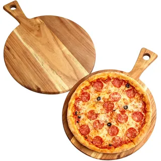 ORARTMM Servierbrett aus Holz, Pizzateller, rundes Schneidebrett, multifunktionales Holztablett, rundes Servierbrett für Pizza & Lebensmittelzubereitung, langlebige Schneideplatte, 2-teiliges Set