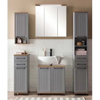 Badmöbel Set mit Spiegelschrank, 5-teilig, grau mit Eiche Nb. im Landhaus Design, JAUSA-80 - Grau