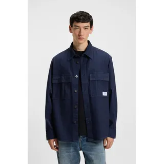 Langarmhemd HUGO BLUE "Ebargo", Jungen, Gr. M, N-Gr, navy411, Web, Obermaterial: 100% Baumwolle, gestreift, oversize normal, Rundhals, 1-Knopf-Manschette, Hemden Langarmhemd, Kentkragen, oversize fit, Denim-Optik