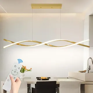 Mikeru LED Pendelleuchte esszimmer, 36W 100cm Moderne Kücheninsel Leuchten, Lineare Hängelampe Dimmbar mit Fernbedienung, Höhe 150cm einstellbar 10%-100% Einstellung der Farbtemperatur, Gold