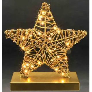Leuchtfigur Stern aus Metall & Kordel auf Sockel | ca. 26x25x8 cm | LED Dekofigur warmweiß | Gold |Batteriebetrieb 3xAAA | Mit Timer |Weihnachtsdeko Stern Lampe Tischdeko | Geschenkidee