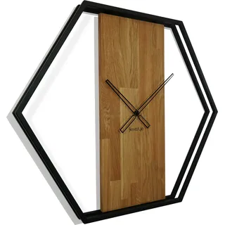 Wanduhr groß XXL Hexagon Holz Eiche LOFT schwarz Industrial modern 80cm Durchmesser ohne Ticken - Braun