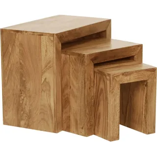 FineBuy 3er Set Satztisch Massiv-Holz Wohnzimmer-Tisch Landhaus-Stil Beistelltisch dunkel-braun Naturholz Couchtisch Natur-Produkt Wohnzimmermöbel