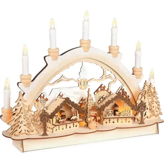 Brubaker 3D Lichterbogen - Schwibbogen mit LED Kerzen - Weihnachtsmarkt - Weihnachtsbeleuchtung aus Holz Natur - 31 x 41 x 11 cm