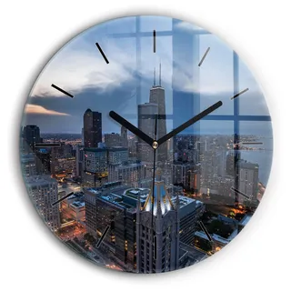 Wallfluent Große Wanduhr – Stilles Quarzuhrwerk - Uhr Dekoration Wohnzimmer Schlafzimmer Küche - Zifferblatt mit Striche - schwarze Zeiger - 60 cm - Foto von Chicago - Blau