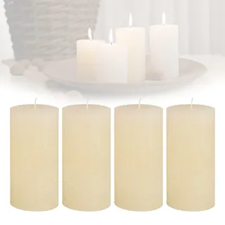 Candelo 4er Set Kerzen Ambiente Rustic Stumpenkerzen - Creme - große Rustik Kerze 12cm - lange Brenndauer ca. 54 Std Weihnachtskerzen Adventskranz
