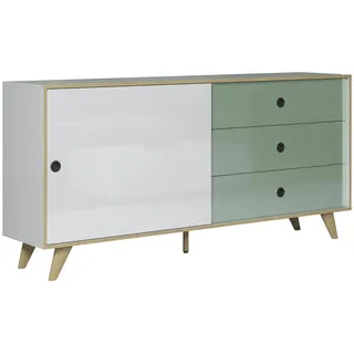 Boxxx Sideboard , Grün, Eichefarben, Weiß Hochglanz , Holzwerkstoff , 1 Fächer , 3 Schublade(n) Schubladen , 180x86x40 cm , FSC Mix , Beimöbel erhältlich, stehend , Holzmöbel, Wohnwände Holz, Wohnwand Serien Holz
