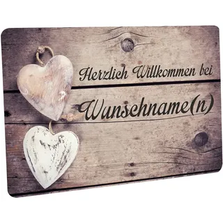 Crealuxe Fußmatte personalisiert - robuste, rutschfeste Fussmatte für Außen & Innen - waschbare Schmutzfangmatte - Fußabtreter Türmatte für aussen & an der Haustür - 60x40cm - 2 Herzen Holzhintergrund