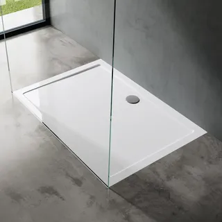 doporro Duschtasse Duschwanne 100x120x4 aus Acryl in Weiß Rechteckig | Flache Duschwanne für bodenebene Montage mit DIN-Anschlüssen – stabil & pflegeleicht für moderne Duschen Faro2