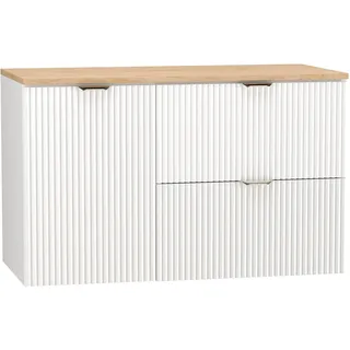 WENA Waschtischunterschrank 100 cm mit Wäschekorb, geriffelte Fronten, Griffe aus Metall in der Farbe Gold (Farbe: Weiß/Eiche Platte) - Weiß, Braun