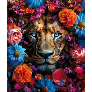 Leinwandbild BÖNNINGHOFF "Wandbild LÖWE BLUMENKRANZ XXL 118x140 cm – Leinwandbild Keilrahmen", braun (farbe bild(er): braun, blau, gelb, orange, lila), B:118cm H:140cm T:4,3cm, Canvas, MDF, Bilder, Leinwandbild, auf Keilrahmen gespannt