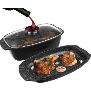 Orion Bräter mit Granitbeschichtung Bratentopf Schmortopf mit Deckel Grilltopf Grillpfanne 3in1 GRANDE 5l - Schwarz
