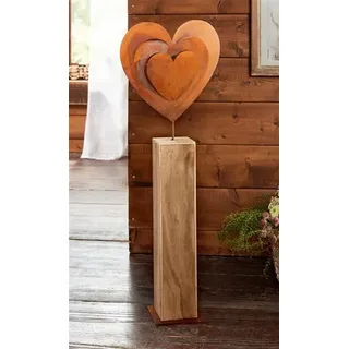Dekosäule "Rostherz" aus Holz, 72 cm hoch, großes Metall-Herz in Rost Optik, Holzsäule - Braun