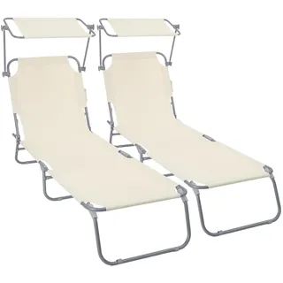 VOUNOT® 2er Set Sonnenliege Klappbar, Gartenliege mit Dach und 4-Fach Verstellbarer Rückenlehne, Leichte Strandliege für Garten, Terrasse, Camping, Pool & Strand, Beige