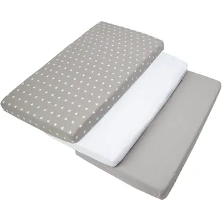 Medi Partners Spannbettlaken 60x120 3-Pack Baby Bettlaken Kinderbett Spannbetttuch 100% Baumwolle - Fitted Kinder Sheet Bettwäsche Babymatratze Schlafsack Babybett (Weiße Sterne-Weiß-Graue)