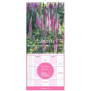 Gärten 2027: Familienkalender 19,5x45 cm mit 4 Spalten, Gartenmotiven, Feiertagen, Schulferien & 4-sprachigem Kalendarium, für Familienorganisation