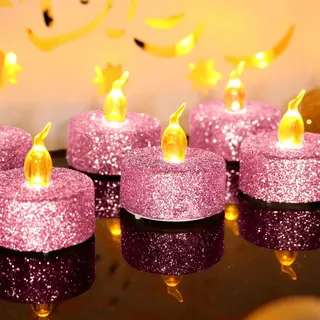 Rose glitzernde Led Teelicht Kerzen, 12-Pack warme gelbe Batterie flackernde gefälschte Teelichter realistische flammenlose Teelichter für Weihnachten,Halloween,Hochzeit,Party,este Dekorationen