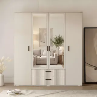 Kleiderschrank OTTO HOME "KOLLINE, modern mit viel Stauraum & geriffelter Struktur", cashmere, B:180cm H:185cm T:52cm, FSC-zertifizierter Holzwerkstoff, Hartfaserplatte, Kunststoff, MDF, Schränke, Kleiderschrank, Garderobe mit 8 oder 4 Fächer, Kleiderstange, 2 Schubladen, Spiegel