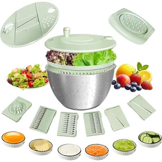 Souvik 5L Salatschleuder Edelstahl mit Deckel – zum Waschen und Trocknen von Salat, Rutschfester Boden & Stopptaste, Groß Salat Schleuder Salad Spinner, BPA-frei