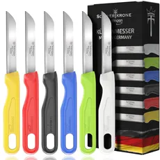 Schwertkrone Solingen 6er-Set Küchenmesser gezahnt - rostfreier Edelstahl - scharfe Schälmesser, Obst- & Gemüsemesser - Made in Germany - bunte Griffe