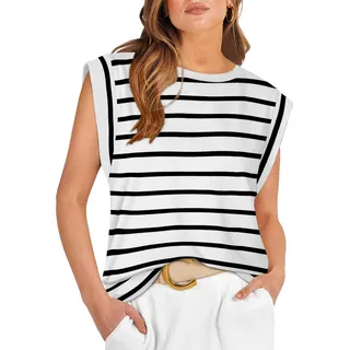 DUOEASE Oberteile Damen Sommer Rundhals Shirts Kurzarm Tunika Flügelärmel Tops Casual Tanktops Gestreift S