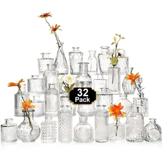 Arme Glasvasen-Set mit 30 Stück, kleine Glasvasen für Blumen, klare Knospenvasen in Großpackung, Vintage-Vasen für Tafelaufsätze, kleine Glasknospenvase für rustikale Hochzeitsdekorationen,