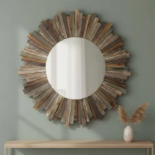 Mucola Wandspiegel 90 CM Rund Flurspiegel Deko Spiegel shabby BraunHolz Hängespiegel Holzrahmen Kosmetik Massivholz Barock Antik - Braun
