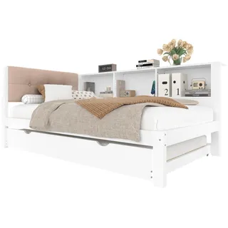 Beaok Tagesbett 90/200 cm in Weiß mit Ausziehbett, LED-Beleuchtung und Regal , Holz , 90x200 cm , Schlafzimmer, Betten