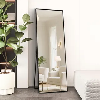 AUFHELLEN Standspiegel mit Schwarz Metallrahmen 140x50cm Ganzkörperspiegel | Rahmen aus Aluminiumlegierung, Gehärtetes Glas, Stehend Lehnend oder Hängend an der Wand für Schlafzimmer, Wohnzimmer Flur