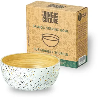 Jungle Culture® Mittel Bambusschale Weiß • Salatschüssel aus Bambus • Handgefertigte Obstschale aus Holz, Öko-Geschirr, Schüssel für Lebensmittel im Terrazzo-Design • Veganerfreundliches Öko-Geschenk