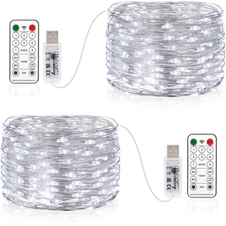 Vacoulery 2 x 100LEDs Lichterkette USB, 10M USB-Anschluss mit Fernbedienung 8 Programm Timer Kupferdraht Lichterkette Innen für Zimmer, Party, Hochzeit, Weihnachten