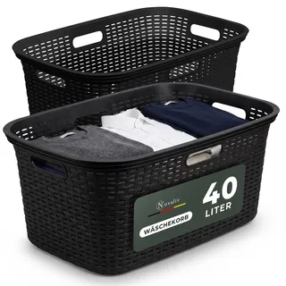 Novaliv 2 Stück Rattan Wäschekorb mit 4 Griffen 40L Schwarz, Wäschebox Set Wäscheeimer Wäschebehälter für Bad Wäsche Schmutzwäsche, Wäschekörbe Haushalt Zubehör Wäschetonne Sammler