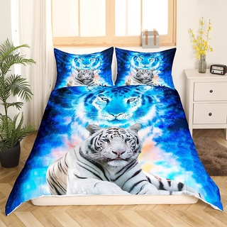 Tbrand Tiger Drucken Bettwäsche Set 135x200cm Wildtier Thema Bettbezug Set Blue Galaxy Betten Set Für Kinder Erwachsene Wildlife Safari Katzendruck Ultra weich Raumdekoration Reißverschluss