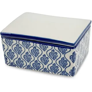 PARUSIA Butterdose Porzellan mit Deckel, Steingut Geschirr, Butterdosen in 4 verschiedenen Designs: Blüten, Ornamente, Herzen, vintage, Butterdose Keramik für Butter (Ornamente blau)
