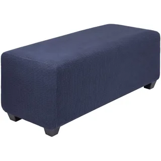PiccoCasa Hochelastischer Ottomanen-Bezug mit elastischer Unterseite, weicher Schonbezug, Jacquard-Stoff, klein, kariert, rechteckig, Aufbewahrung, Hocker, Möbelbezüge, Marineblau, Größe S