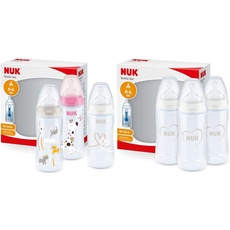 NUK First Choice+ Babyflasche im Set | 0–6 Monate | Temperature Control Anzeige | 300 ml | 3 Stück | rosa Giraffe & First Choice+ Babyflaschen Starter Set | 0–6 Monate | Herz (neutral) | 3 Stück