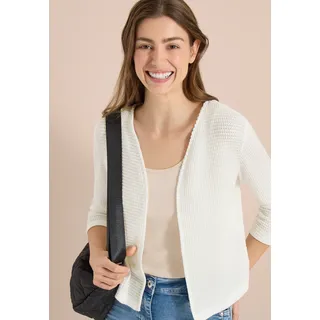 Shirtjacke CECIL, Damen, Gr. XL (44), weiß (vanilleweiß), Jersey, Obermaterial: 64% Polyester, 34% Viskose, 2% Elasthan, unifarben, lässig geschnitten hüftbedeckend, V-Ausschnitt, abgesteppte Kante, Shirts Shirtjacke, Offene 3/4-Arm Jacke im Ajour-Look