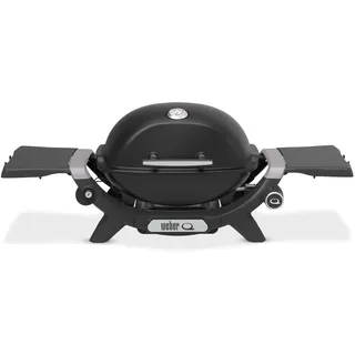 Weber Q 1200N Gasgrill mit Seitentischen/Leichter Grill für Camping, Terrassen & Balkone mit Hochleistungsbrenner, porzellanemaillierten Gussrosten & elektronischer Zündung, Mitternachtsschwarz