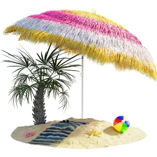 KINGSLEEVE® Sonnenschirm Hawaii Ø160cm Neigbar Höhenverstellbar UV Schutz 30+ Groß Rund Balkon Strand Strohschirm Strandschirm Bast Hawaiischirm Bunt - Bunt